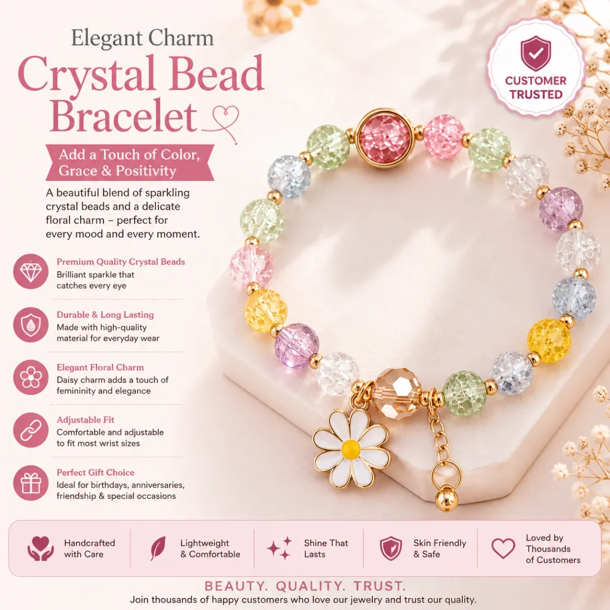 Multicolor Crystal Bead Flower Charm Bracelet for Women | Adjustable Fashion Bracelet - image 2
