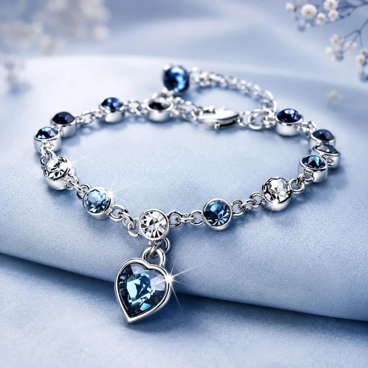Blue Crystal Heart Charm Bracelet for Women | Silver Finish Adjustable Bracelet