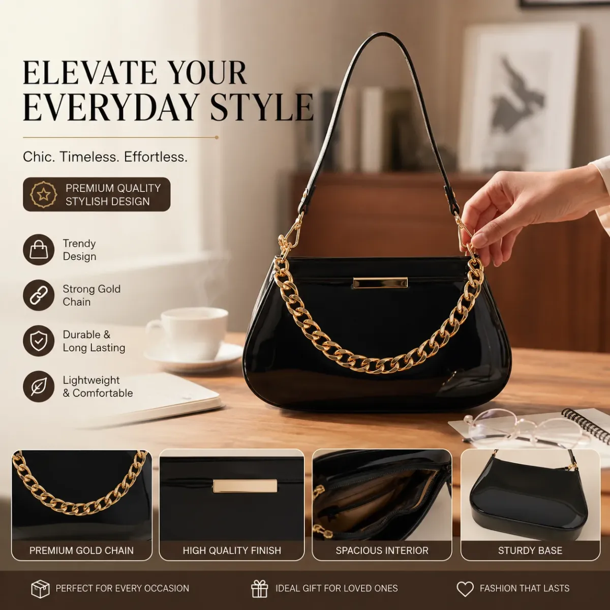 Designer Handbag with Gold Chain Strap for Party & Daily Use - image 2