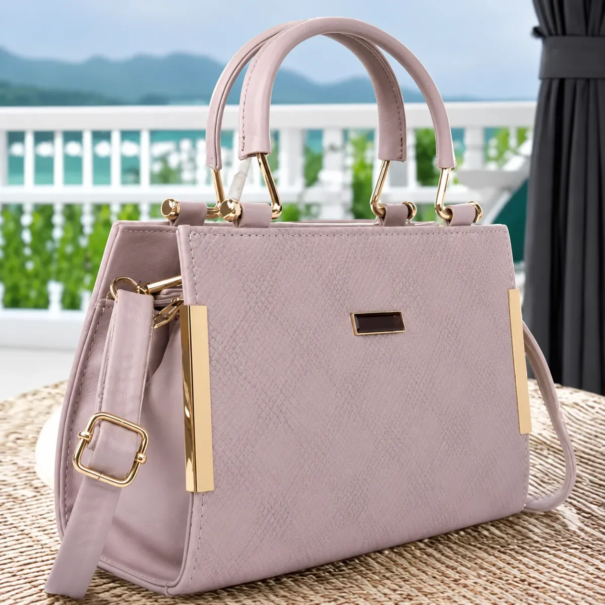 Light Purple PU Leather Handbag with Adjustable Sling Strap
