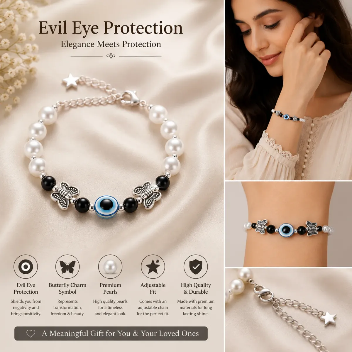Evil Eye Pearl Bracelet for Women | Adjustable Butterfly Charm Bracelet - image 2