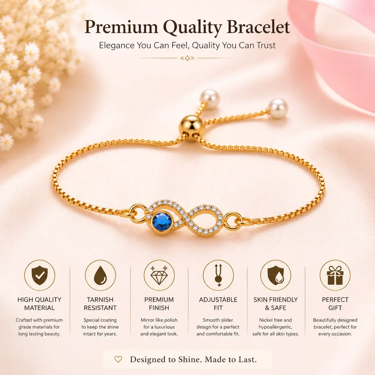 Infinity Crystal Bracelet for Women | Adjustable Gold-Plated Bracelet with Blue Crystal & Zircon Stones - image 2