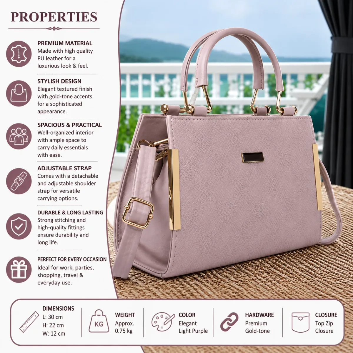 Light Purple PU Leather Handbag with Adjustable Sling Strap - image 2