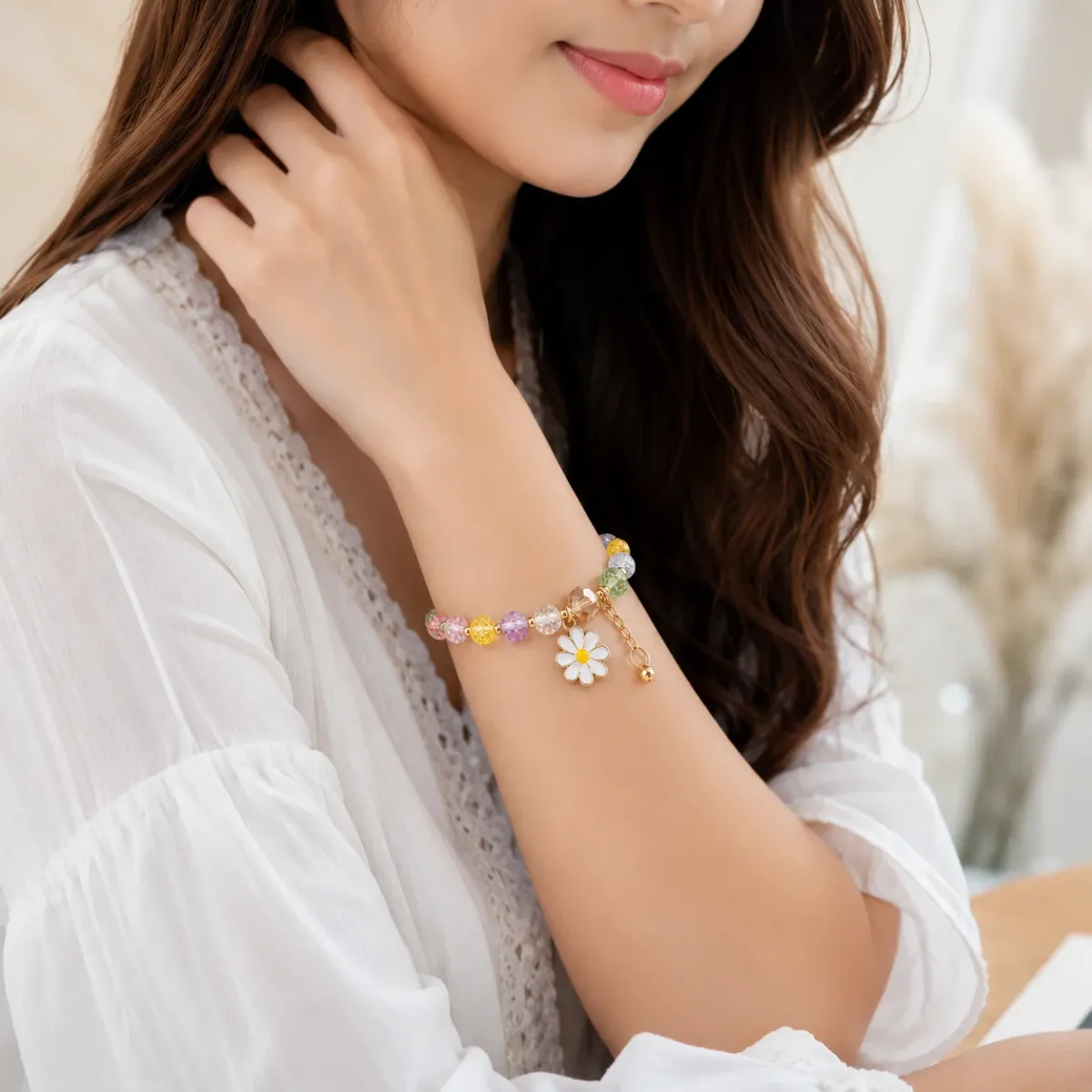 Multicolor Crystal Bead Flower Charm Bracelet for Women | Adjustable Fashion Bracelet - image 3