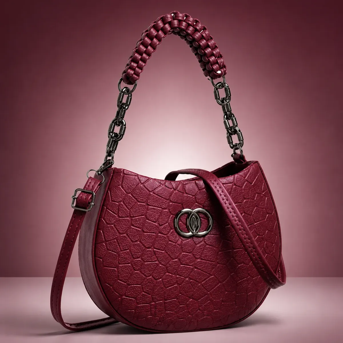 Wine Red Beaded Shoulder Bag with Adjustable Sling Strap