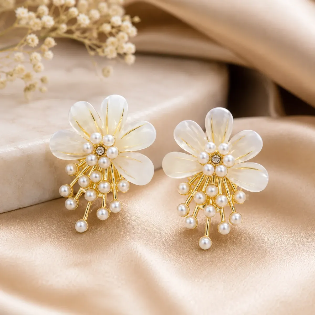 Floral Pearl Stud Earrings for Women | Lightweight Gold Finish Earrings