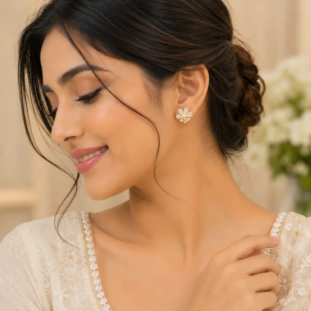 Floral Pearl Stud Earrings for Women | Lightweight Gold Finish Earrings - image 3