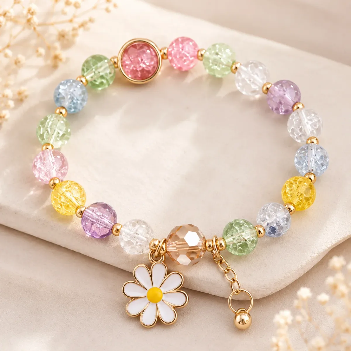 Multicolor Crystal Bead Flower Charm Bracelet for Women | Adjustable Fashion Bracelet